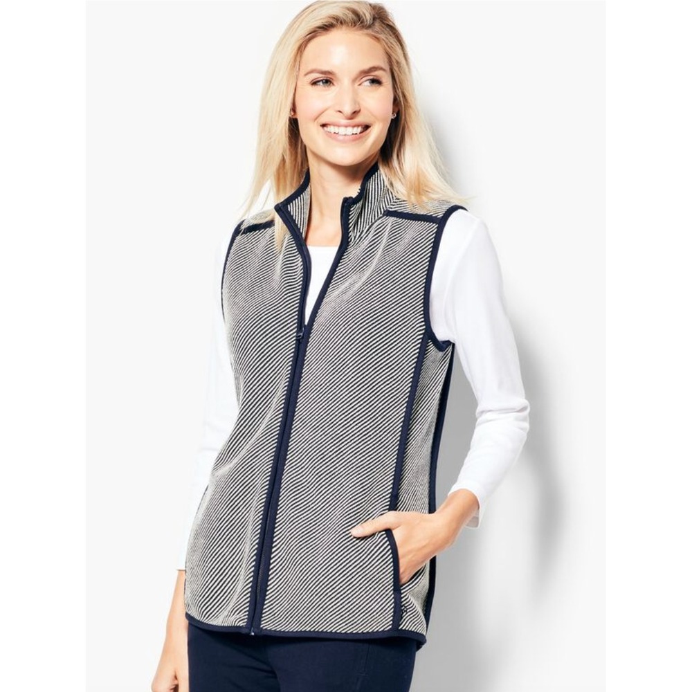 T by Talbots Twill Knit Full ZIp Vest Pockets Navy Blue White Diagonal Stripe M